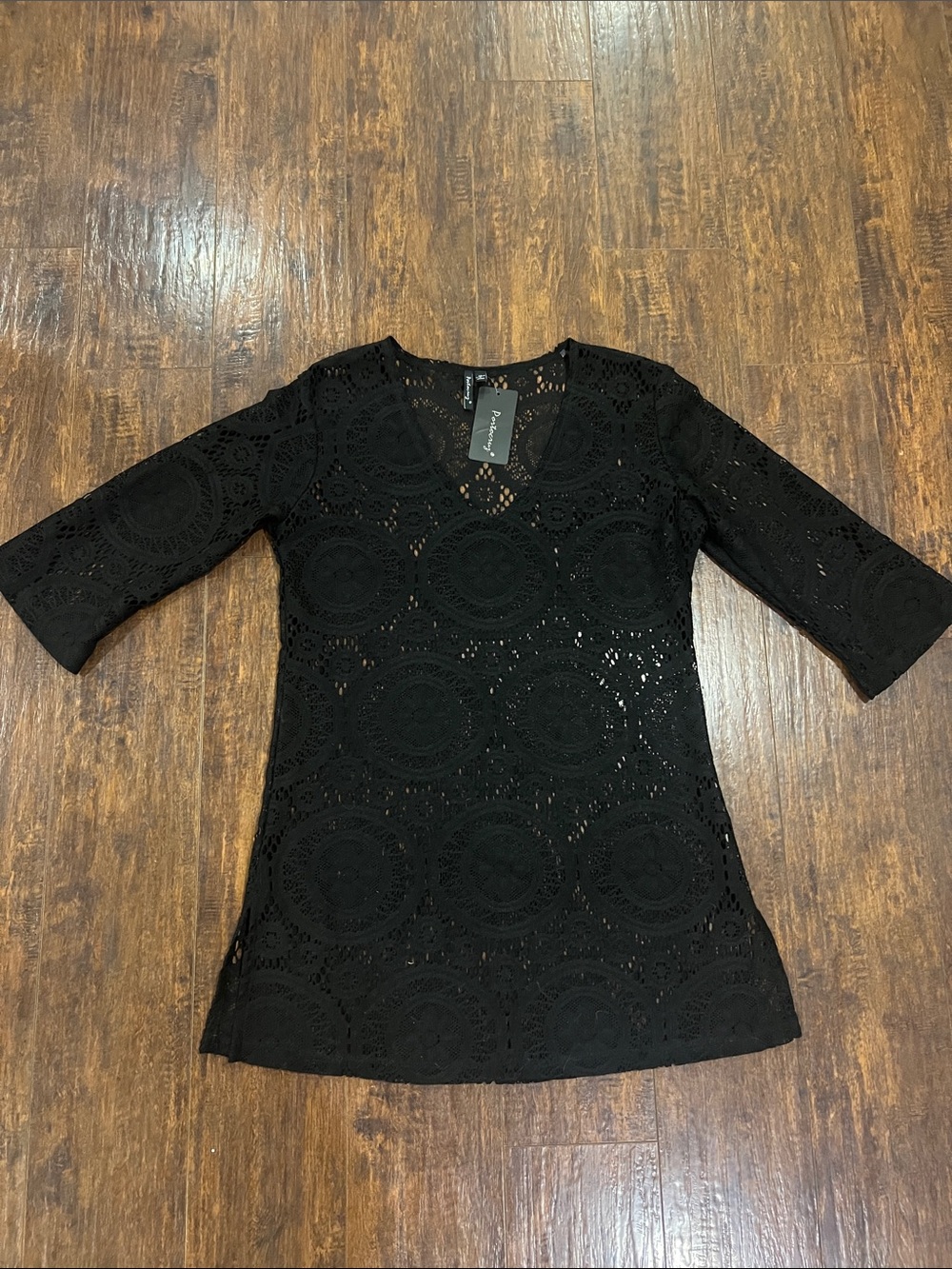 Black Crochet Swim Coverup Tunic - Elegant Beach Layer Medium